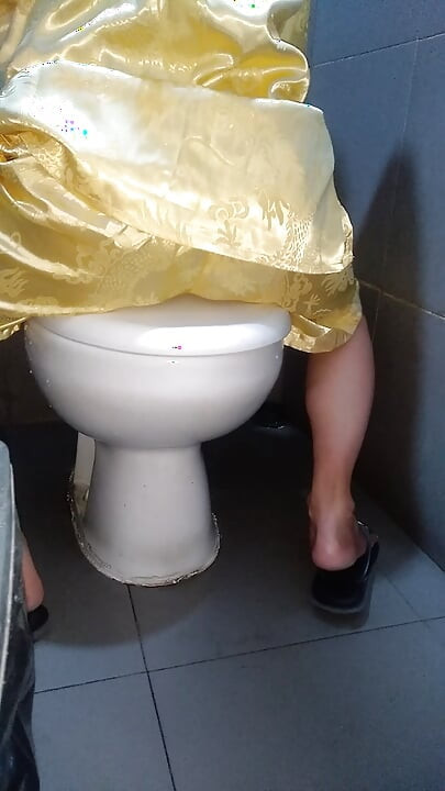 Crossdresser cum wearing satin pajamas