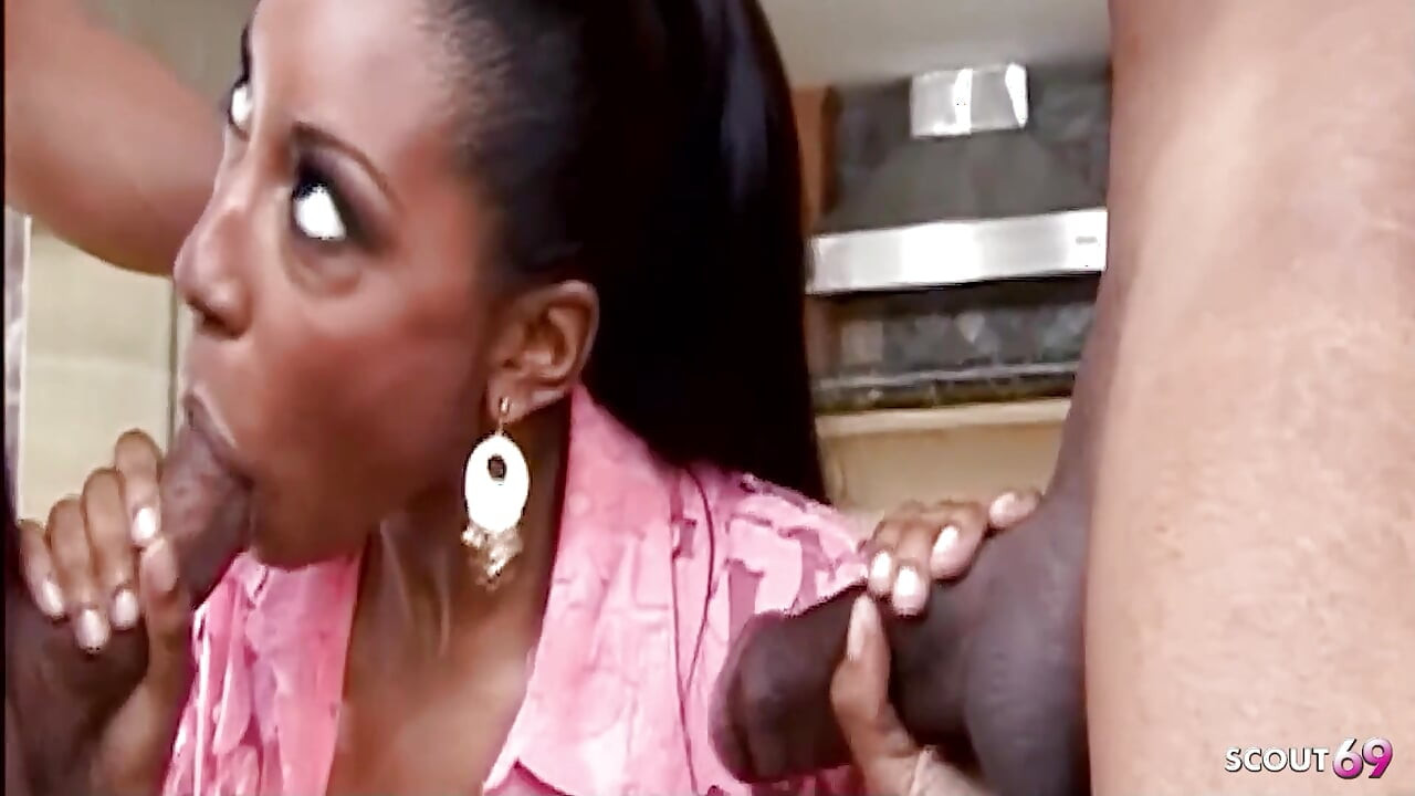 Ebony MILF Belle Dleon with Big Natural Tits and a Hairy Pussy Getting Fucked by Bbcs in a Threesome