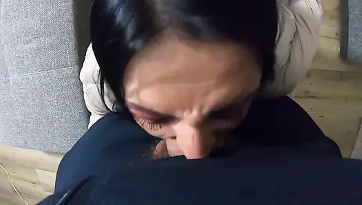Ripped Pantyhose Slut in Puffy Downjacket. Blowjob, Doggy and Double Cum on My Coats