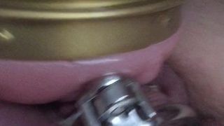 Locked in chastity playing with fleshlight