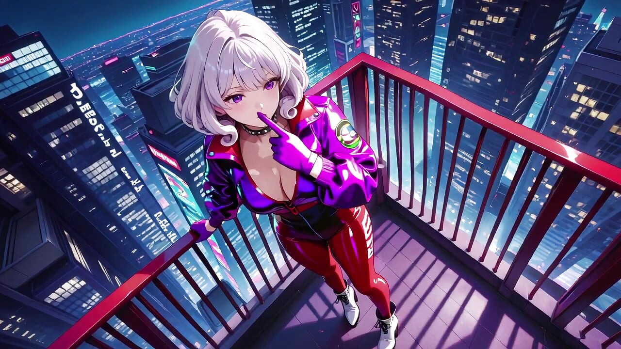 Teasing in a purple bodysuit on the skyscraper balcony, pulling down her collar to reveal inner layers.