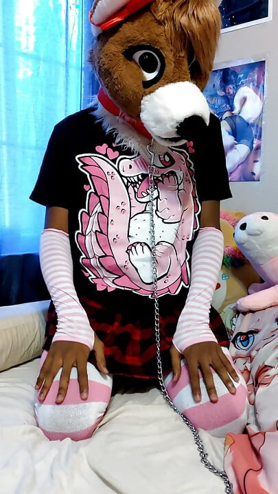 Sissy femboy slut in fursuit shows you his tight ass and chastity cage