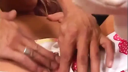 Two dudes plow teen in socks on bed