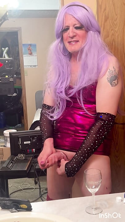 Crossdresser in Purple Masterbating with Cum Drinking Finish!