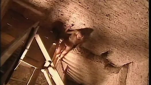 A blonde fingering her pussy in an ancient tower, finds a cock to fuck