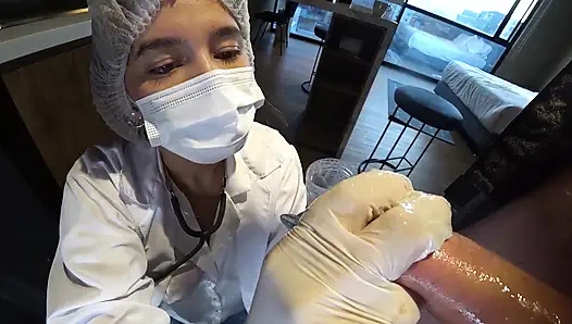 LATINA NURSE milks my CUM sample with Machine and his deepthroat