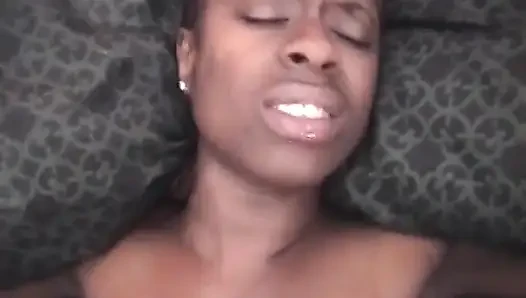 Curiois ebony babe with small tits is fond of riding white cock