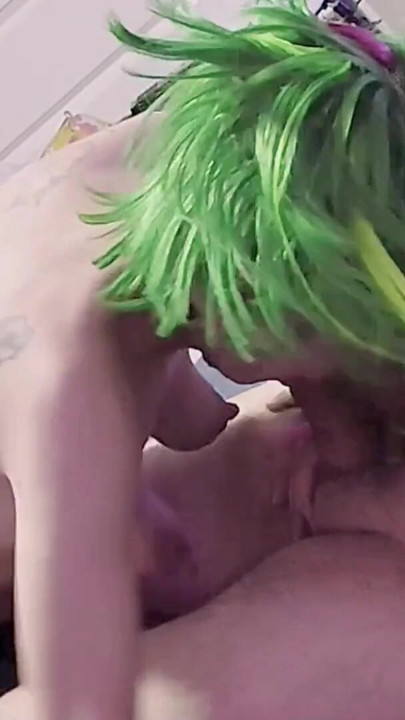 Green haired punk rocker babe gives the most amazing blowjob of her life and gets a messy facial | Clip 3