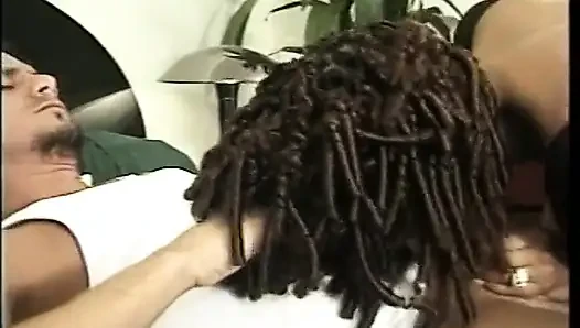 Well favored black girl with perfect body takes two cocks in all her holes
