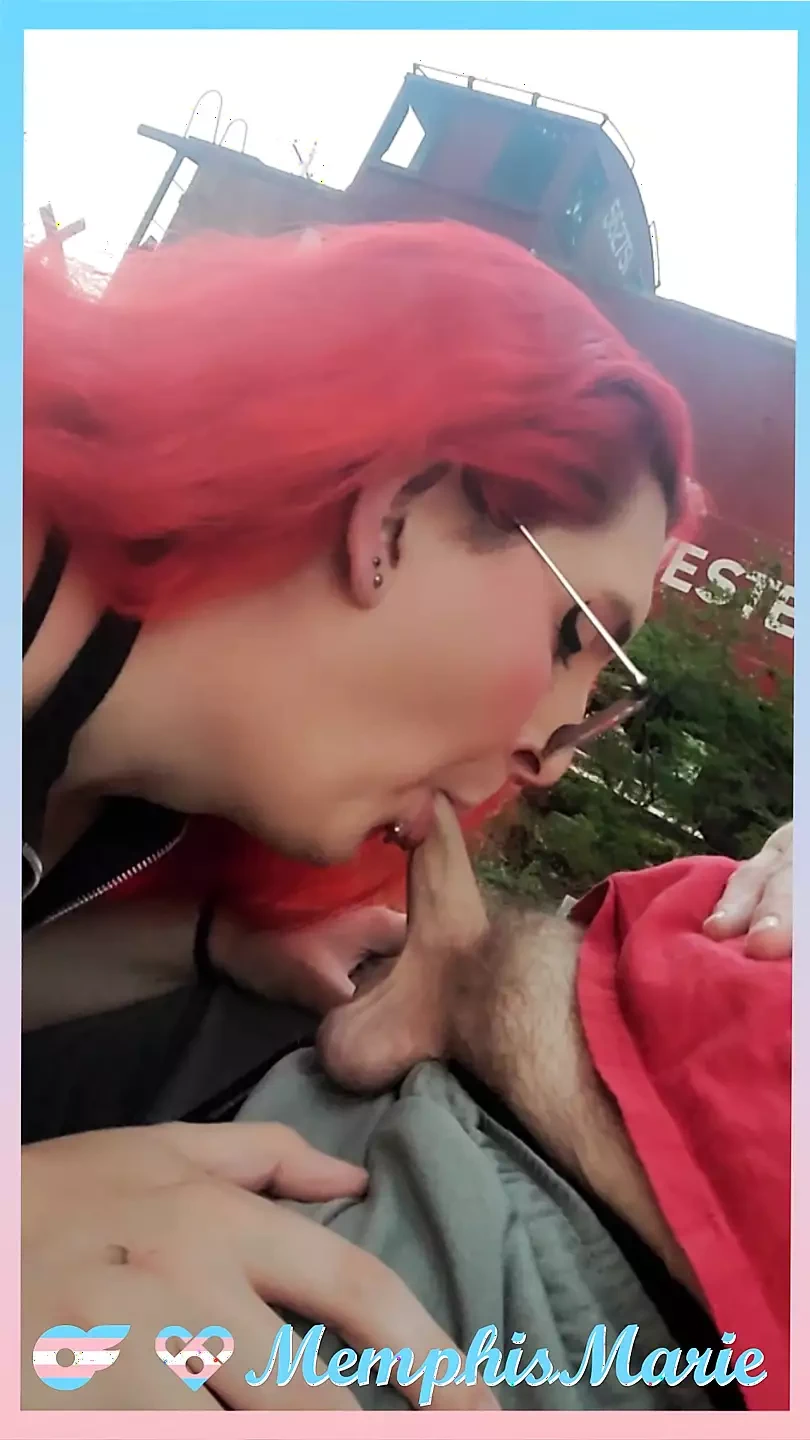 Shemale deepthroats and takes bareback creampie outdoors