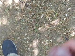 Jerking my small uncut cock in the woods