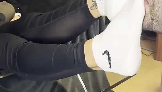 Dirty White Sneaker Worship - Smelly Socks in Face with Valeria Night (front View)