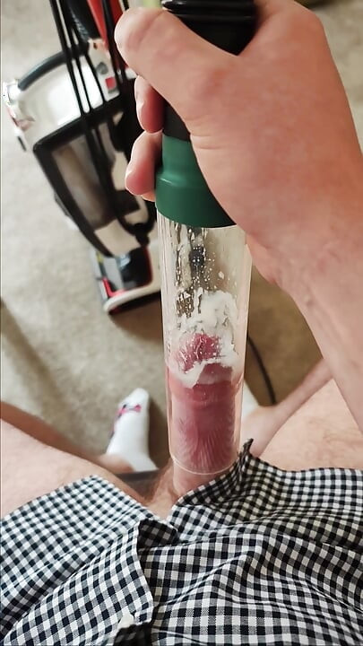 Vacuum cleaner sucking my cock with clear tube sitting