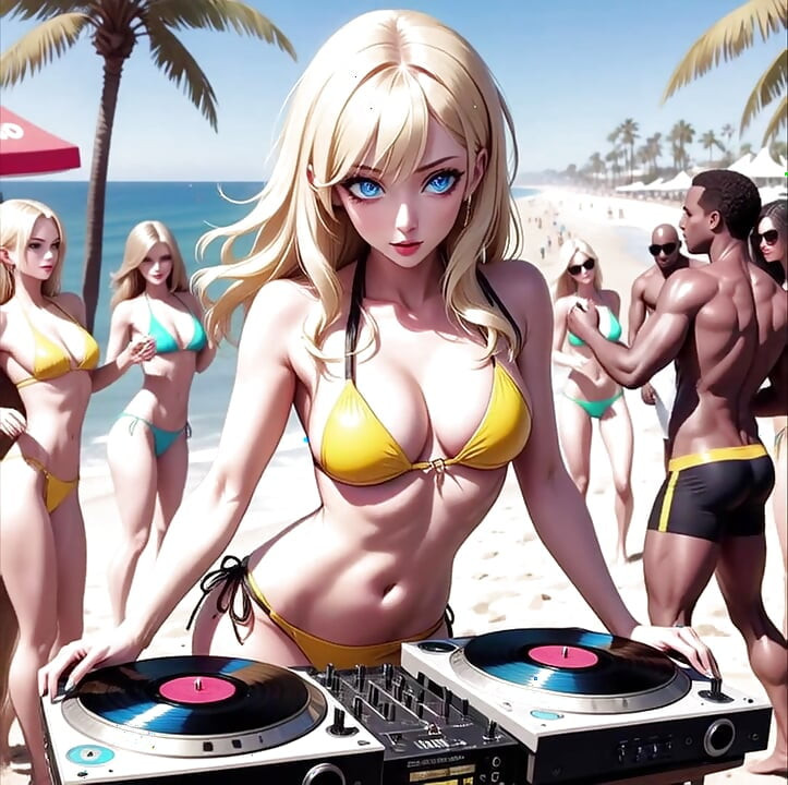 Anime σέξι DJ στην παραλία Synthwave Retrowave