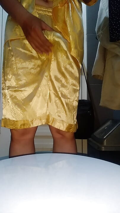Crossdresser cum wearing satin pajamas