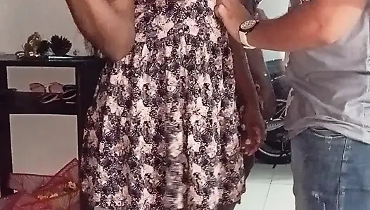 My neighbor welcomes me in a mini dress