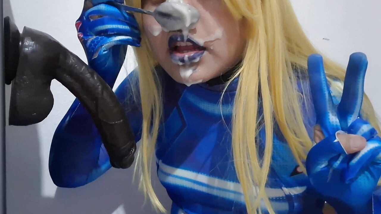 Cute Samus Femboy with BDSM Nosehook giving a Sloppy Blowjob to BBC Dildo, Deepthroat, Facial Fuck and Eating Semen