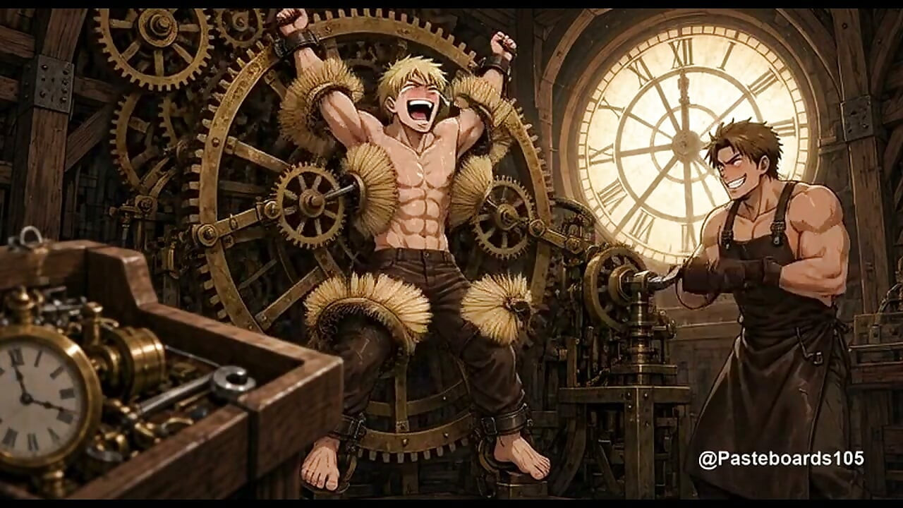 Caught In The Giant Clockwork - Clockmaker Strapped In The Gears, Bristle Pads Sweeping His Sides An