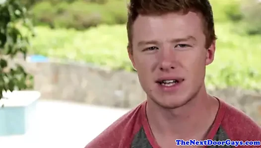 Freckled ginger stud in solo masturbation