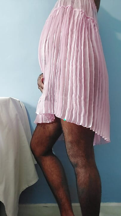 It feels so horny when masterbating in this silk seethrough fleard pleated chiffon pink skirt