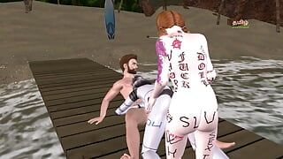 Un video porno animado en 3D de una hermosa chica robot teniendo sexo en trío con un hombre y una niña