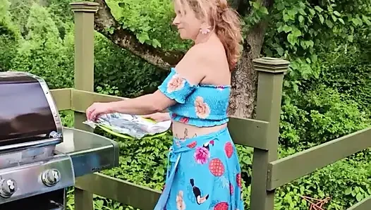 OnlyFans Voyeur look at MOMMY Enjoying the Summer Barbecuing Meat with her BIG TITS Out in the Sunshine