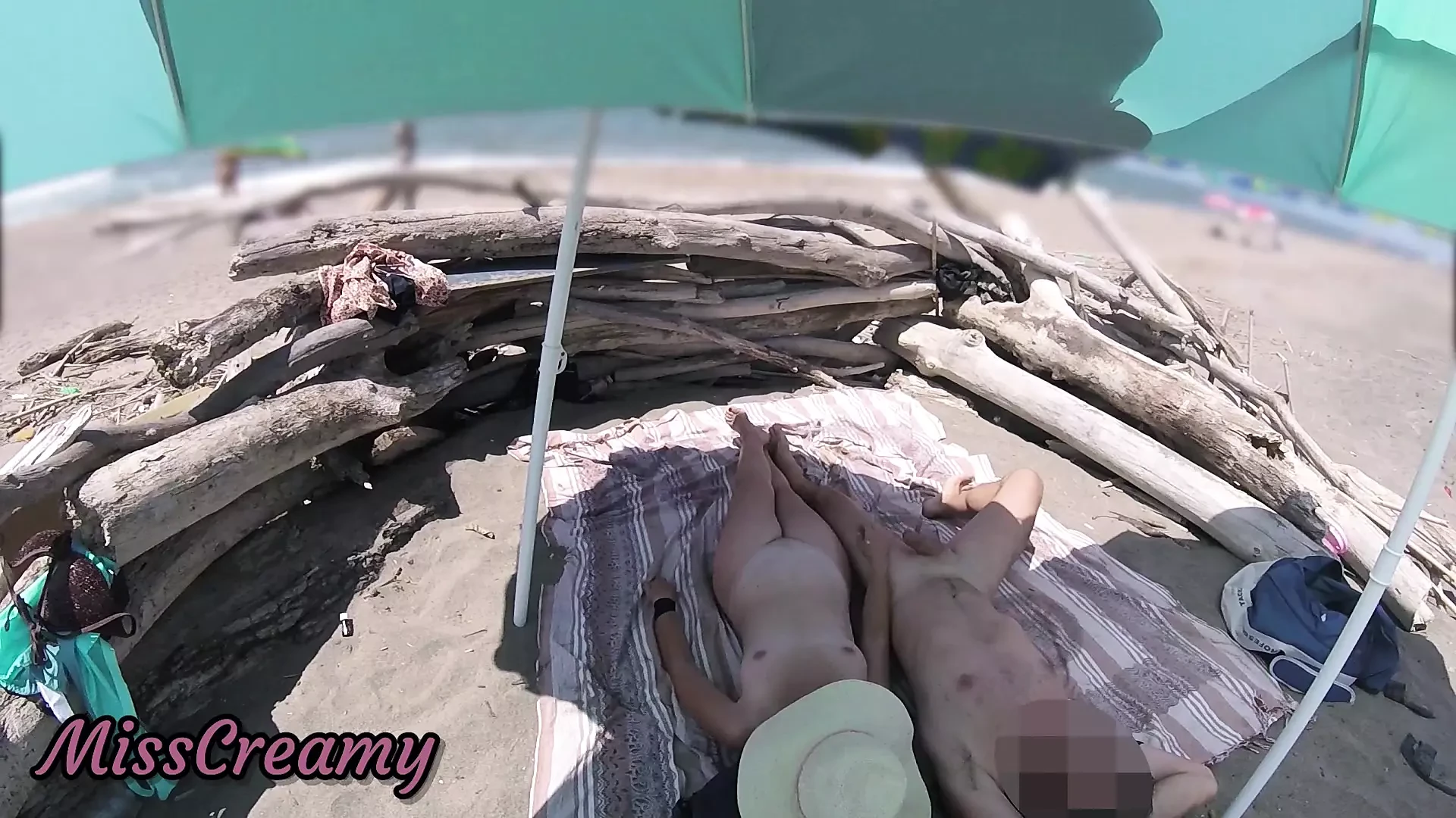 #2 Exhibitionist Wife Outdoor Amateur Milf Handjob Big Cock on Nudity Beach public in front of voyeur with cumshot - MissCreamy