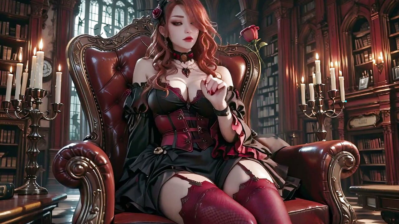 Gothic Redhead Queen! A lavish coronation in the candlelit hall, kneeling with a golden cup and sheer stockings.