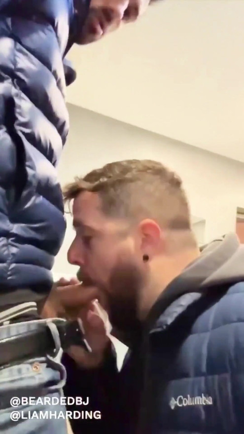 Papi caliente con gran polla es chupado en baño público por sexy oso | Clip 1