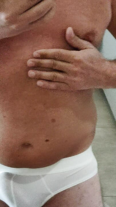 Horny jerking off in front of the mirror on vacation, white panties and a lot of precum