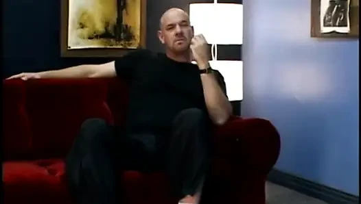 Bald dude is fond of licking foot of naughty redhaired MILF Samantha St. James wrecking his rectum with strap-on