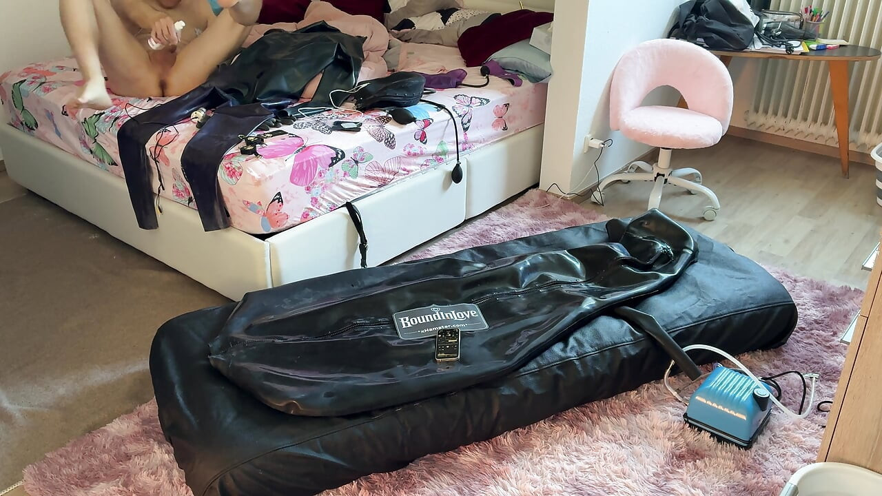 Wife drives her husband to orgasm with ESTIM in Inflatable Full Body Latex Bondage Bag. Restricted Breathing - Gagged  Butt Plug