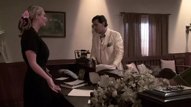 Man in a suit gets to bang two gorgeous blondes with huge tits