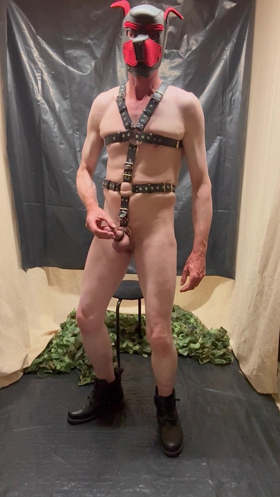 Kinky leather Harness Penis Wank