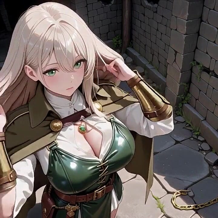Blonde Knight's Afternoon! Green Uniform Golden Mechanical Arms, leniwie kontemplując w starożytnych kamiennych ruinach.