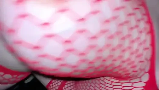 Massive Boobs Pregnant Girl in Red Mesh Rides Cock Then Doggy Fuck