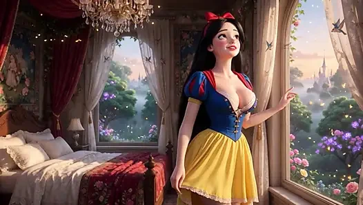 Schneeweiße leidenschaftliche nacht im verzauberten Schlafzimmer der Burg mit klassischem kleid, teil offen für intensives vergnügen