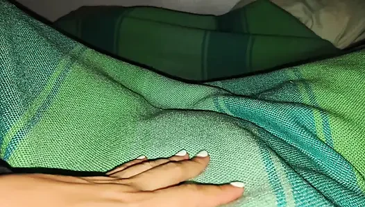 A wife with huge breasts masturbates in bed with her brother-in-law listening in the other room.
