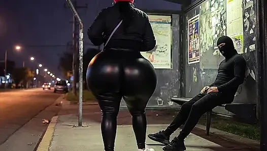 Gadis pantat bahenol dengan celana kulit di halte bus berakhir dengan kontol raksasa pria kulit hitam