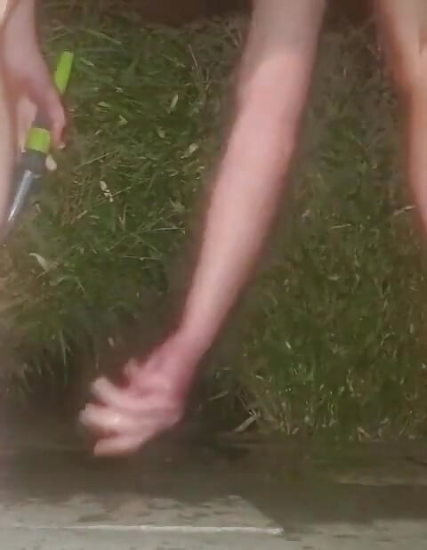Clean Pressure Enema with Ass Lips and Pissing - Outdoor Garden Hose Anal