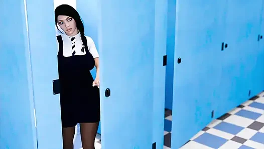 Gadis sekolah seksi 18 tahun pamer belahan dada dan memek sama petugas kebersihan di toilet