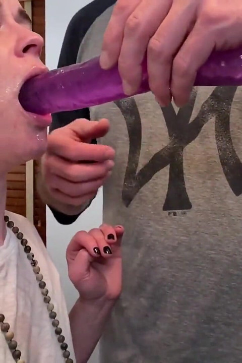 Amateur Blonde Wife Takes a Delicious Huge Dildo Deep in Her Mouth