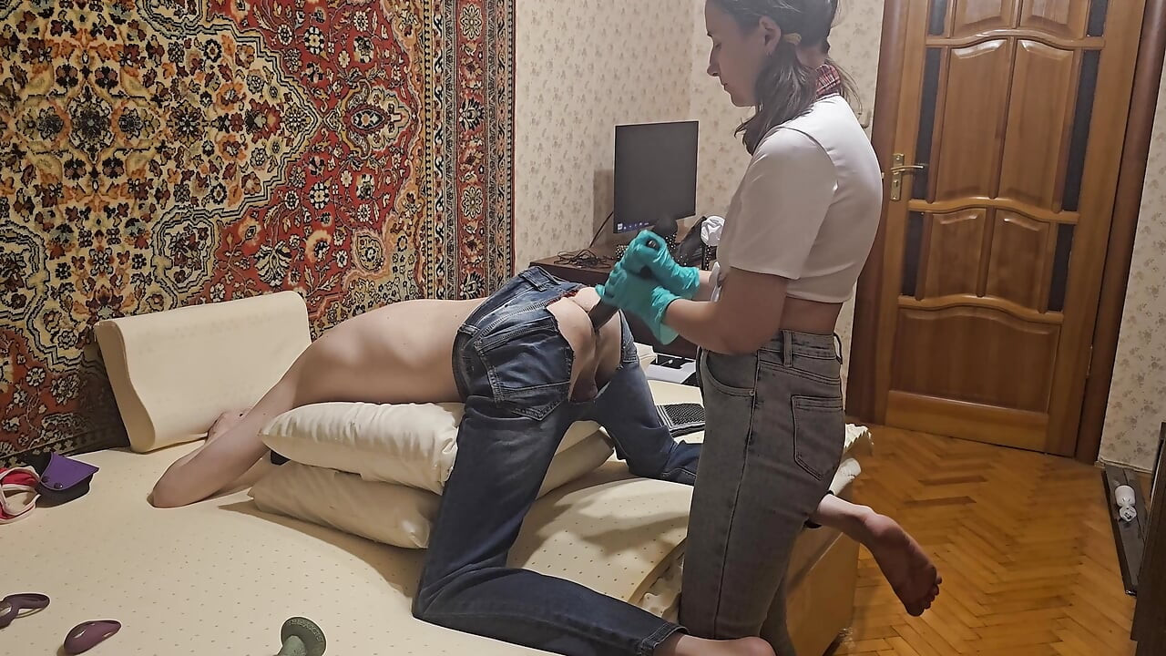 Russian beautiful Anastasia Mistress homemade fucking a slave with long dildo anal submission man amateur Sasha Earth
