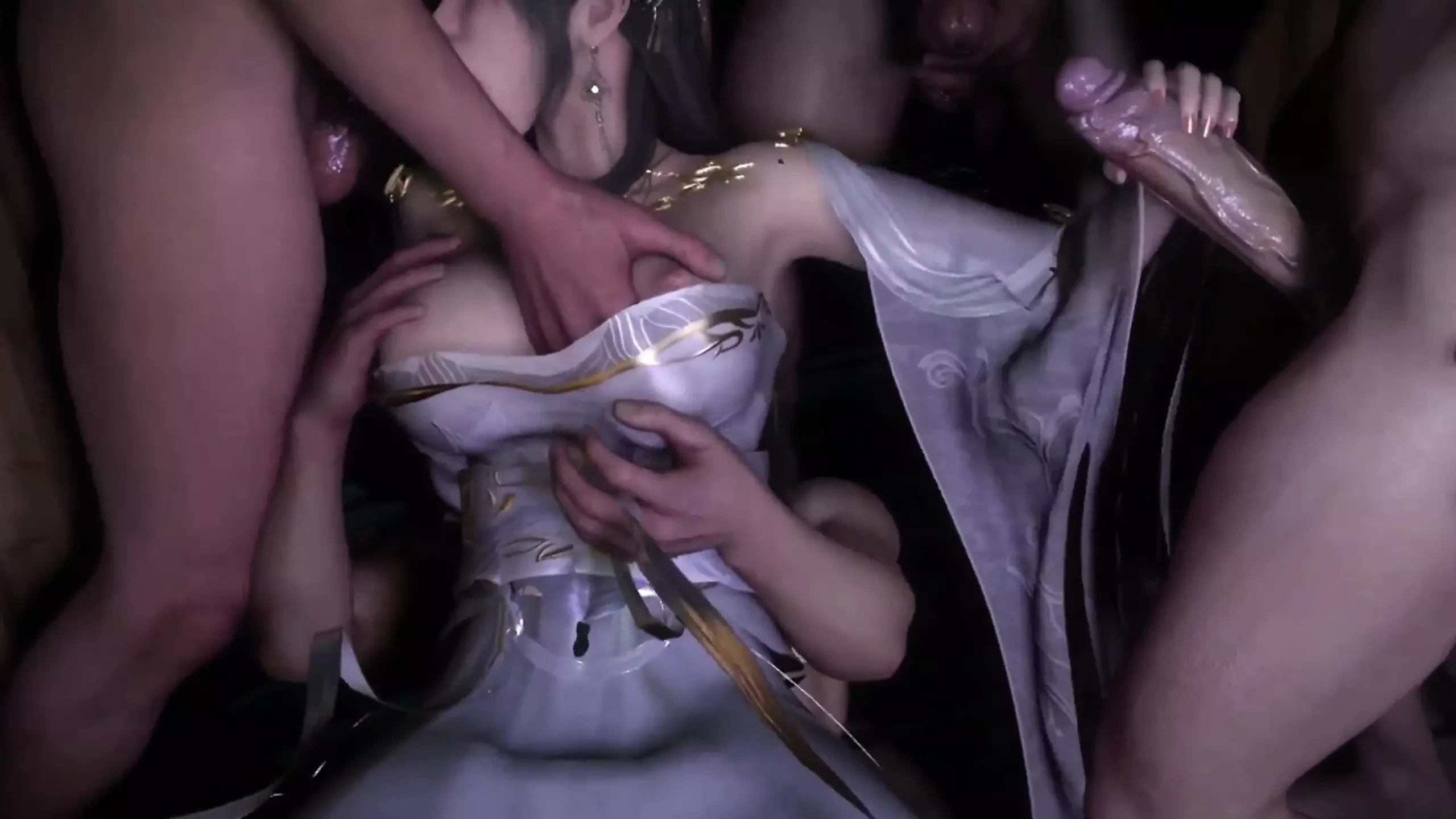 Model cosplay Asia panas 3D berkongkek berkumpulan dengan batang besar