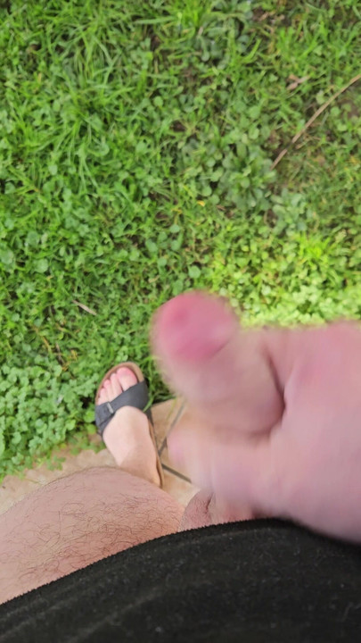 Handjob with cumshot outdoors