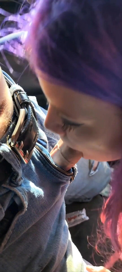 Sexy purple haired girlfriend worships my cock in the car | Clip 1