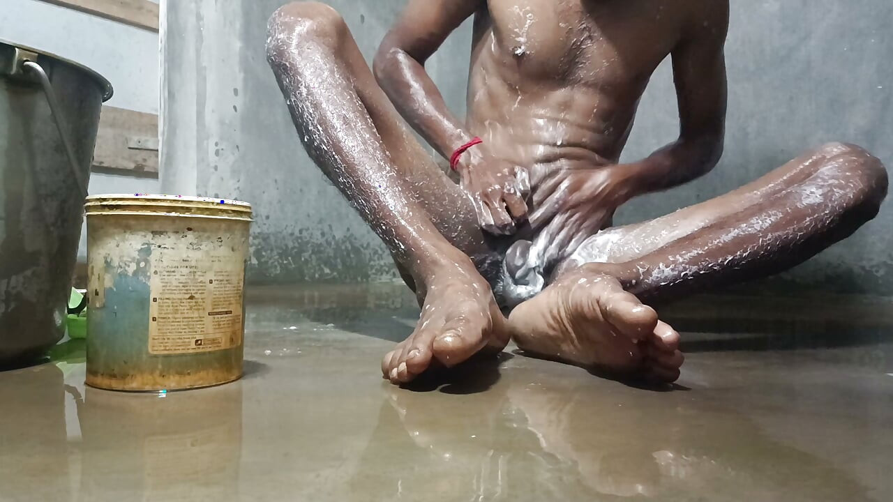 Mature man shower in bathroom village style