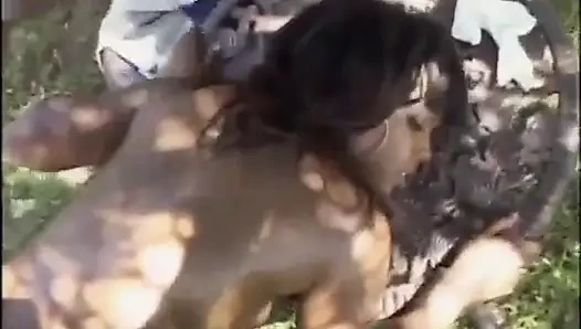 Sexy black couple in action...garden sex