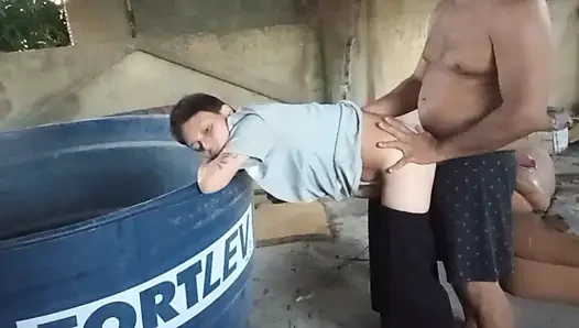 Fucking the ass of the shoe on the terrace 100% anal