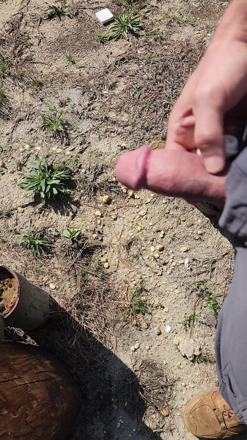 Iconic moment from "Hot hard thick ringed clamped mushroom tipped cock throbbing outdoor pissing"